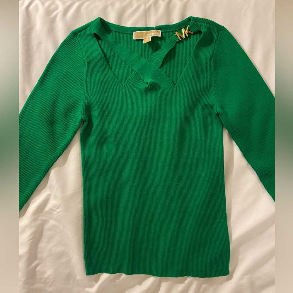 Michael Michael Kors cut out rib knit sweater in green emerald.